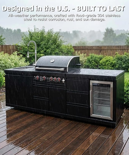 BBQ Outdoor Kitchen Island Grill Barbecue Modular Patio Kitchens Kits with Electric Rotisserie, Sink, fridge, and Burner for More than 10 People