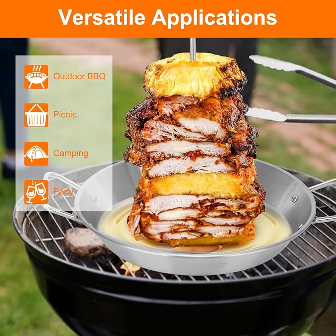 Al Pastor Skewer for Grill, Stainless Steel Shawarma Skewer Stand Vertical Pan with 3 Removable Spikes (8”/10"/12”) & Brushes for Tacos Al Pastor, Grill Smoker Oven BBQ