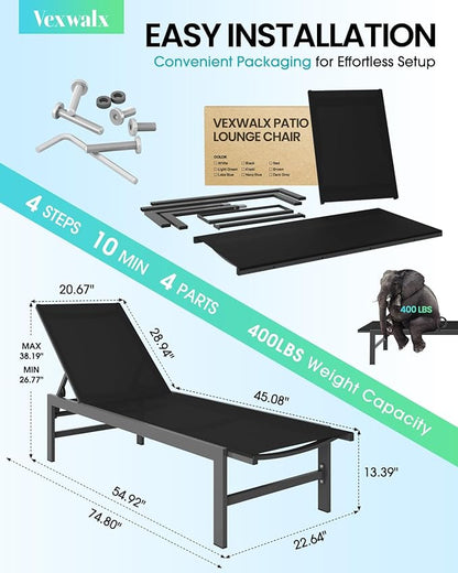 Vexwalx Outdoor Lounge Chair for Pool, Aluminum Chaise Lounge Chairs with 5-Position Recliner, Patio Lounge Chair for Backyard, Poolside, Deck, Lawn (Black)