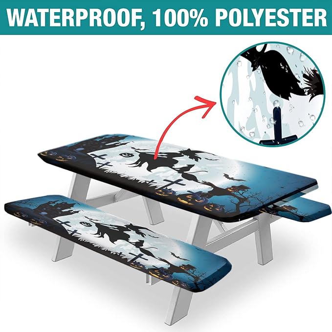 Halloween Picnic Fitted Tablecloth and Bench Seat Covers, 3 Pieces Set, Witch on The Full Moon Pumpkin Waterproof Table Cover, 28x72 Inch, Great for Picnic Party Outdoor Patio Use