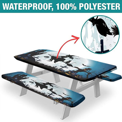 Halloween Picnic Fitted Tablecloth and Bench Seat Covers, 3 Pieces Set, Witch on The Full Moon Pumpkin Waterproof Table Cover, 28x72 Inch, Great for Picnic Party Outdoor Patio Use