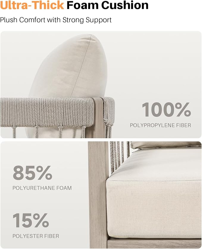 3-Seater Outdoor Aluminum Sofa, Never-Rust Patio Sofa Couch with Faux Wood Grain Finish Frame, Rope Weave Outdoor Sofa with Extra Thick Cushions, Outdoor Patio Couch for Deck, Porch, Garden