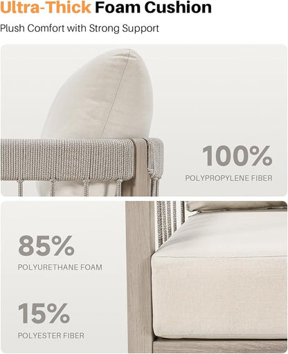 3-Seater Outdoor Aluminum Sofa, Never-Rust Patio Sofa Couch with Faux Wood Grain Finish Frame, Rope Weave Outdoor Sofa with Extra Thick Cushions, Outdoor Patio Couch for Deck, Porch, Garden
