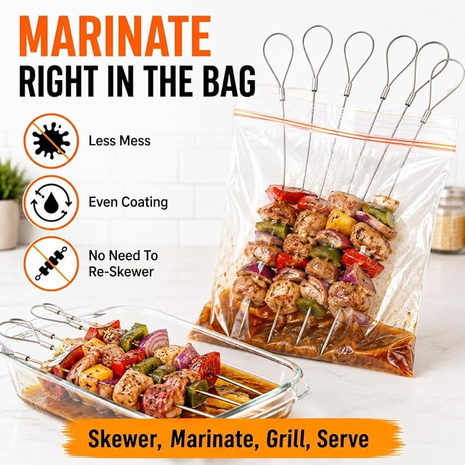 Flexible BBQ Skewers, 29 Inch 304 Stainless Steel Cable, 8 Pack for Grills | Reusable Kabob Skewers Hold Meat and Veggies for Grilling; Ideal for Backyard BBQs, Camping, Picnics, Tailgating and Parties