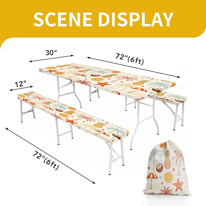 Picnic Table Cover with Bench Covers, 72 X 30 Inch Elastic Fitted Camping Tablecloth with Strap Design for 6FT Rectangle Tables, Windproof Outdoor Tablecloth Set with Storage Bag