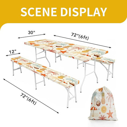 Picnic Table Cover with Bench Covers, 72 X 30 Inch Elastic Fitted Camping Tablecloth with Strap Design for 6FT Rectangle Tables, Windproof Outdoor Tablecloth Set with Storage Bag
