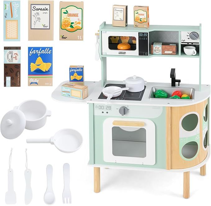 INFANS Kids Kitchen Playset, Toddler Wooden Pretend Cooking Set with Stove Microwave Dustbin Storage Cabinet, Play Kitchen Toy Set with Toy Food Cookware Accessories for Children Boys Girls