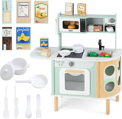 INFANS Kids Kitchen Playset, Toddler Wooden Pretend Cooking Set with Stove Microwave Dustbin Storage Cabinet, Play Kitchen Toy Set with Toy Food Cookware Accessories for Children Boys Girls