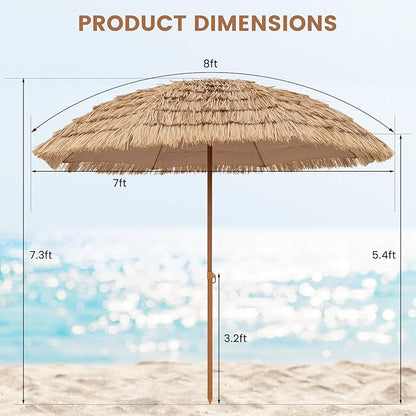 Tangkula 8Ft Tiki Patio Umbrella, UPF50+ Hawaiian Style Outdoor PE Grass Umbrella with 8 Ribs, Portable Thatched Beach Umbrella for Garden, Yard, Poolside