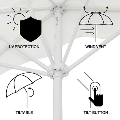 JONATHAN Y Beverly 9 ft. Striped Half Umbrella, Cream/White | Coastal Scalloped Fringe, Crank Lift, 30 Degree Manual Tilt, UV 50 Fabric Canopy, Aluminum Frame, Space Saving Design