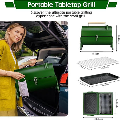 PIQUEBAR Portable Charcoal Grill, Small BBQ Grill with Smoker Double-Side Use Outdoor for Camping, Tabletop Compact Barbecue Grill, Grass Green