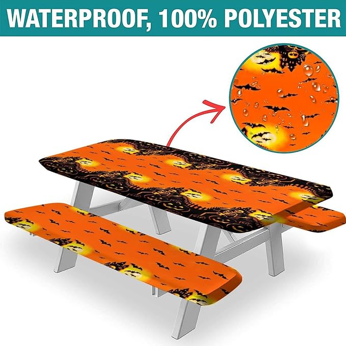 Halloween Elastic Edge Fitted Tablecloth, 3 Pieces Set, Happy Halloween Pumpkin Elastic Picnic Tablecloth and Bench Seats Table Cover for Outdoor Picnics/Holiday/Party Use, 72x28 in