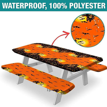 Halloween Elastic Edge Fitted Tablecloth, 3 Pieces Set, Happy Halloween Pumpkin Elastic Picnic Tablecloth and Bench Seats Table Cover for Outdoor Picnics/Holiday/Party Use, 72x28 in