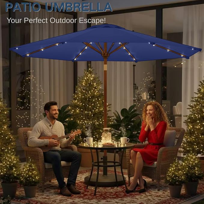 9' Solar LED Patio Umbrella with Tilt & Crank|8 Sturdy Ribs,UV Protection,Outdoor Market Table Umbrella for Deck,Lawn,Pool,Backyard(Navy)