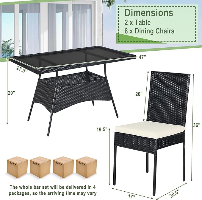 Tangkula 10 Pieces Wicker Patio Dining Set, Outdoor Rattan Table & Chairs Set with Padded Cushions, Patio Furniture Dining Glass Table Set for Balcony Patio Garden Poolside