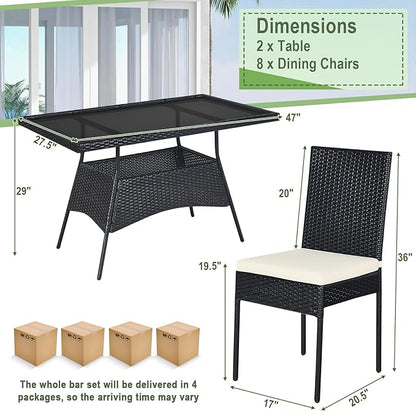 Tangkula 10 Pieces Wicker Patio Dining Set, Outdoor Rattan Table & Chairs Set with Padded Cushions, Patio Furniture Dining Glass Table Set for Balcony Patio Garden Poolside