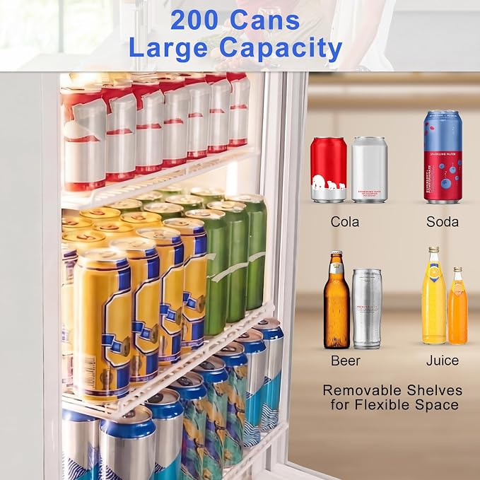 FoMup 24" Undercounter Beverage Refrigerator with Glass Door, 200-Can | Reversible door for flexible installation, Digital temperature control, safety lock, White finish, LED light