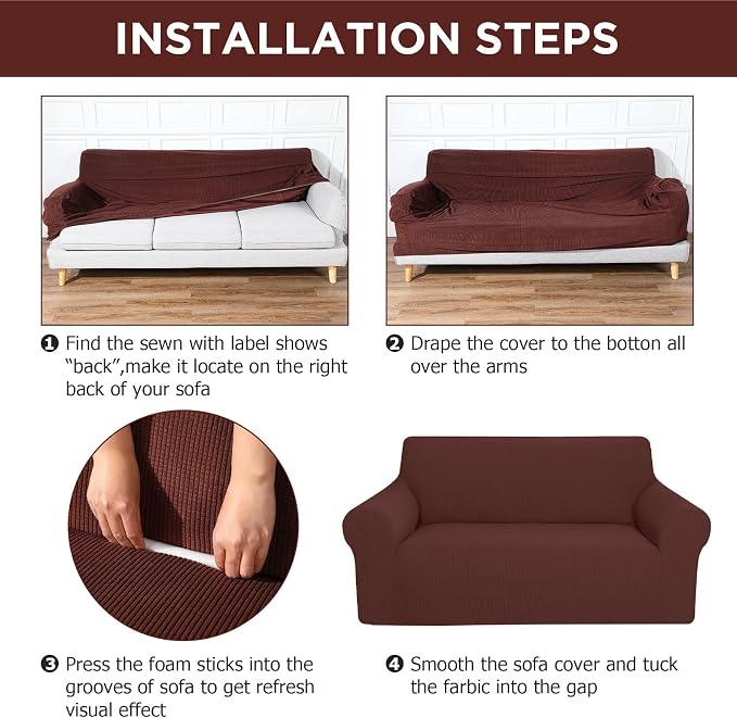 Peryiter 3 Pcs Couch and Loveseat Sofa Covers,Brown,Fleece | Armchair Covers for Living Room, Sofa Cushion Slipcover, Furniture Protector, Polyester and Spandex, Washable