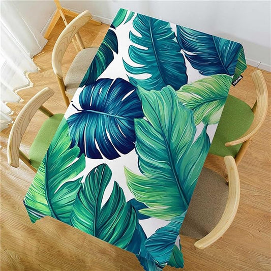 Swono Tropical Leaves Tablecloth Ocean Beach Turquoise Green Palm Leaves Rectangle Table Cloth Washable Plaid Table Cover for Kitchen Holiday Dinner, 52x 70 Inch Tablecloth