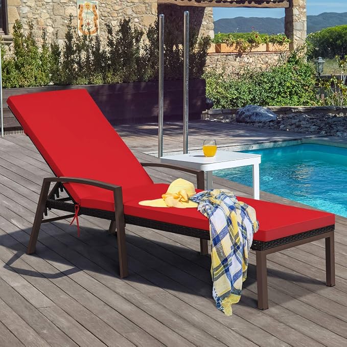 Tangkula Patio Rattan Lounge Chair, Outdoor Reclining Chaise with Cushion and Armrest, Wicker Sun Lounger with Adjustable Backrest for Garden, Balcony, Poolside (1, Red)