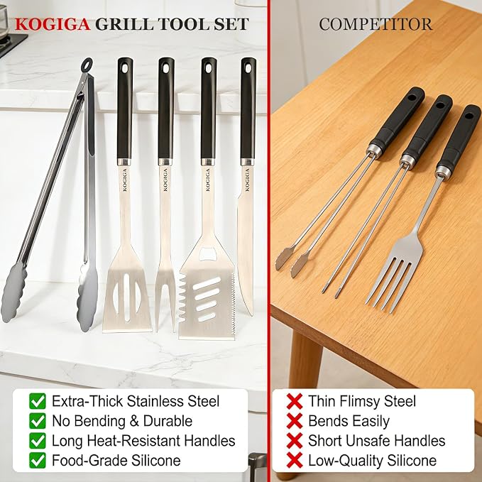 Heavy Duty BBQ Tools Grill Tools Set - Stainless Steel BBQ Grilling Tools Set with Serrated Spatula, Tongs, Knife, Spatula - Outdoor Barbecue Accessories Kit, Grilling Gifts for Men Dad