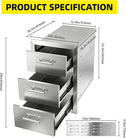Outdoor Kitchen Drawers 15" W x 25" H x 18.7" D Stainless Steel Flush Mount Modular Cabinet, with Chrome Handle for Outdoor Kitchens or BBQ Island Patio Grill Station