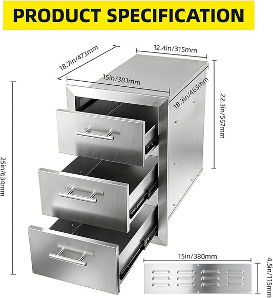 Outdoor Kitchen Drawers 15" W x 25" H x 18.7" D Stainless Steel Flush Mount Modular Cabinet, with Chrome Handle for Outdoor Kitchens or BBQ Island Patio Grill Station