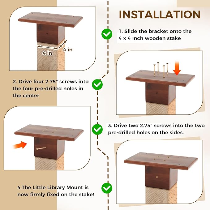 Threehoney Outdoor Little Library Mount 14x8x5.91 Inch Stable Wood Storage Box Bracket Holder Suitable for 4x4 Post with Mounting Accessories for Community Cabinet Lending Library Box(Brown)