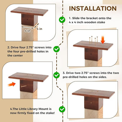 Threehoney Outdoor Little Library Mount 14x8x5.91 Inch Stable Wood Storage Box Bracket Holder Suitable for 4x4 Post with Mounting Accessories for Community Cabinet Lending Library Box(Brown)