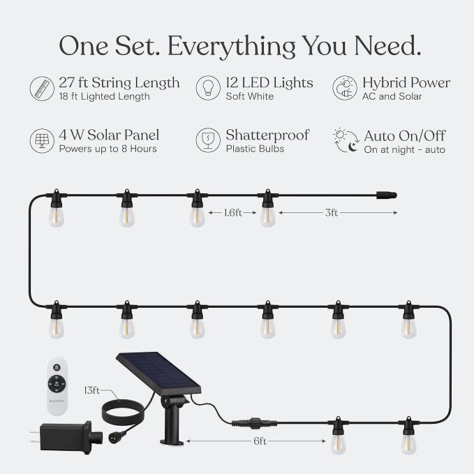 Brightech Ambience Hybrid Outdoor String Lights - Dual Plug and Solar Powered Waterproof LED Light String for Outside - 27 Ft, Dimmable 4W, Soft White Edison Bulbs for Camping, Patio, Cafe, Yard