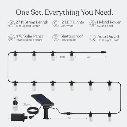 Brightech Ambience Hybrid Outdoor String Lights - Dual Plug and Solar Powered Waterproof LED Light String for Outside - 27 Ft, Dimmable 4W, Soft White Edison Bulbs for Camping, Patio, Cafe, Yard