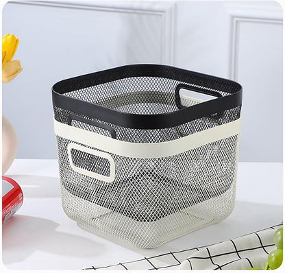 AJIODA Metal Mesh Steel Baskets, Household Wire Storage Organizer Bin Garden Harvest Basket Multi-functional Fruit Baskets with Handles for Kitchen Bathroom Picnic Shopping Decor Cabinet Home, Beige