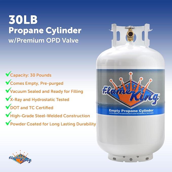 Flame King YSN-301 30 Pound Steel Propane Tank Cylinder with Type 1 Overflow Protection Device Valve DOT and TC Compliant, White