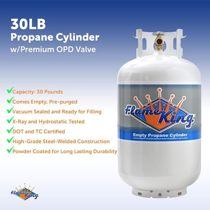 Flame King YSN-301 30 Pound Steel Propane Tank Cylinder with Type 1 Overflow Protection Device Valve DOT and TC Compliant, White