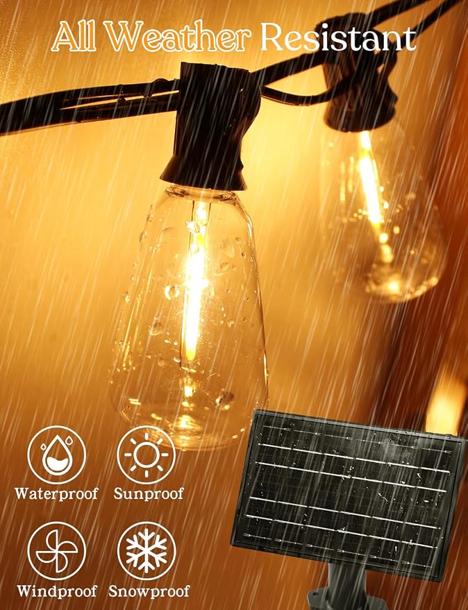150ft Solar Outdoor String Lights with Remote - USB Rechargeable Solar Powered Outdoor Patio Lights - Timer, Dimmable Shatterproof ST38 Bulbs for Backyard, Garden, Pool