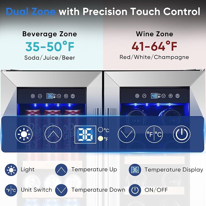 24 Inch Built-in Wine and Beverage Refrigerator Dual Zone | Under Counter Wine Fridge with Glass Door, Digital Touch Panel with °C/°F Switch, Low Noise Cooling for Kitchen, Home Use