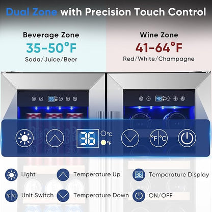 24 Inch Built-in Wine and Beverage Refrigerator Dual Zone | Under Counter Wine Fridge with Glass Door, Digital Touch Panel with °C/°F Switch, Low Noise Cooling for Kitchen, Home Use