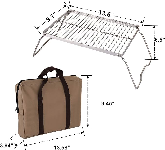 YOPAY Folding Campfire Grill with Legs Carrying Bag, 304 Stainless Steel Grate Barbeque Grill, Heavy Duty Portable Camping Grill for Picnics, Backpacking, Outdoor, 13.6 Inch × 9 Inch × 6.5 Inch