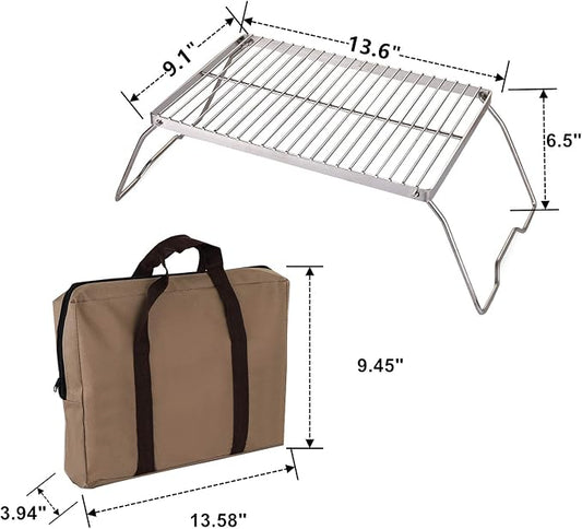 YOPAY Folding Campfire Grill with Legs Carrying Bag, 304 Stainless Steel Grate Barbeque Grill, Heavy Duty Portable Camping Grill for Picnics, Backpacking, Outdoor, 13.6 Inch × 9 Inch × 6.5 Inch