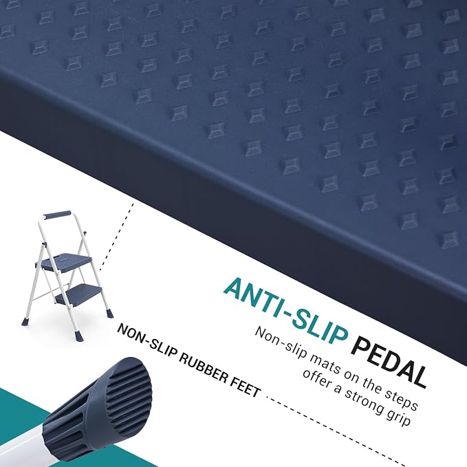 OLIXIS 2 Step Ladder, 880lbs Heavy Duty Step Stool with Anti-Slip Pedal | Portable Stepping Stool with Sturdy Ladder & Comfortable Handrail, for Kitchen, Garage & Outdoor Use, Blue