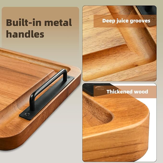 Large Wooden Charcuterie Board with Handles Long BBQ Serving Tray Platters | Rectangular Meat Cutting Board with Juice Grooves for Party Appetizers,Home & Outdoor Housewarming Gift 23.6x11.8x1.1”