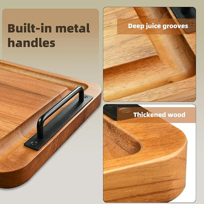 Large Wooden Charcuterie Board with Handles Long BBQ Serving Tray Platters | Rectangular Meat Cutting Board with Juice Grooves for Party Appetizers,Home & Outdoor Housewarming Gift 23.6x11.8x1.1”