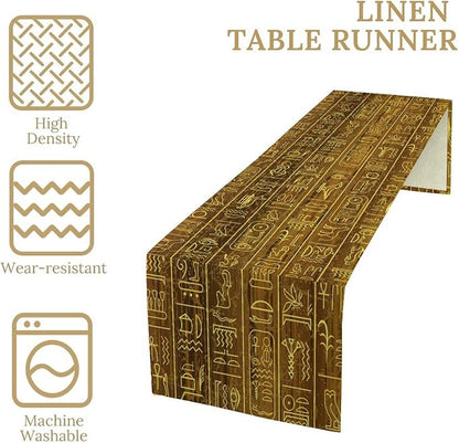 Vintage Egyptian Table Runner Golden Egypt Hieroglyphics Old Logographic Details Alphabetic Element Dinner Runner for Farmhouse Coffee Kitchen Dining Holiday Party Home Decoration 13x60in