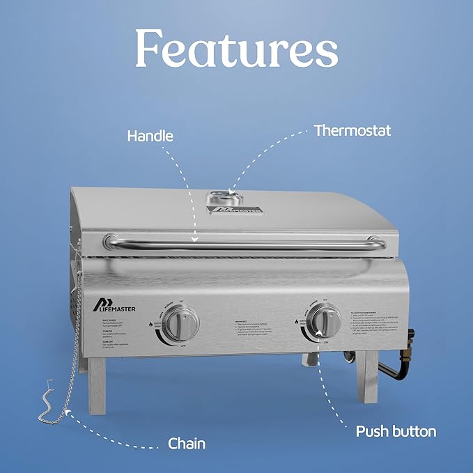 Stainless Steel Gas Grill, Dual 10,000 BTU Burners, 275 Sq.In Cooking Space, Push-to-Start Ignition, Wind-Proof Lid with Built-in Thermometer, Perfect for Camping Tailgates & Backyard BBQ Cookouts