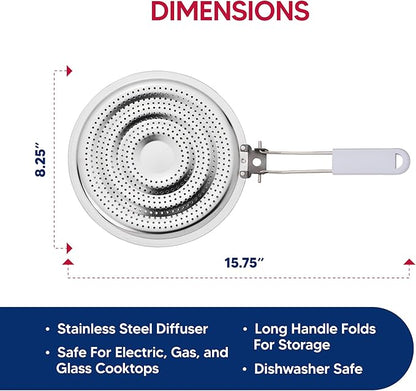 HIC Kitchen Heat Diffuser Reducer Flame Guard With Removable Handle, Stainless Steel, Distributes Heat Evenly And Reduces Scorching, For Gas Electric Glass Stovetops, 8.25-Inch