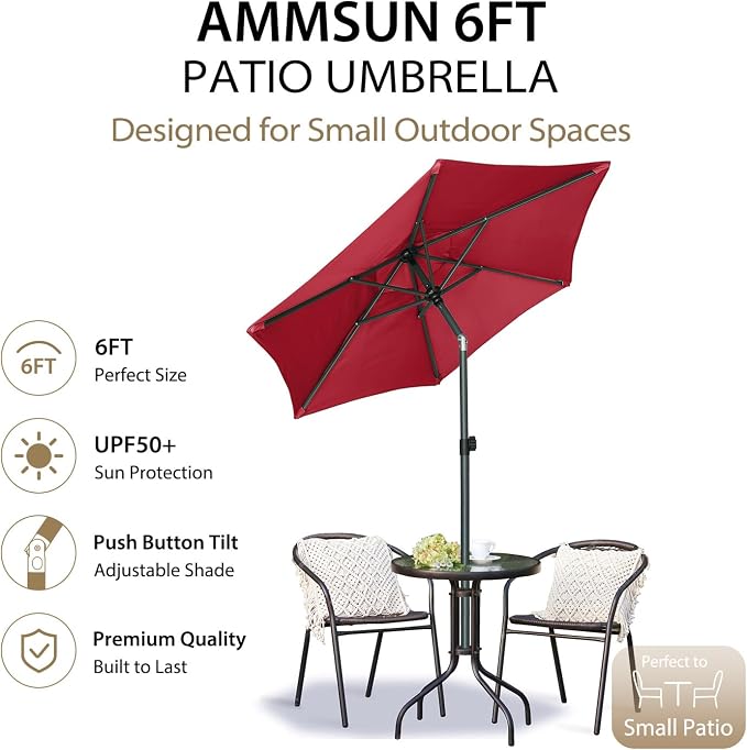AMMSUN 6FT Patio Umbrella, Outdoor Table Umbrella with Push Button Tilt | UPF50+ Sun Protection and Water-Resistant Fabric, Premium Steel Pole and Ribs, Height-Adjustable and Push-Button Tilt