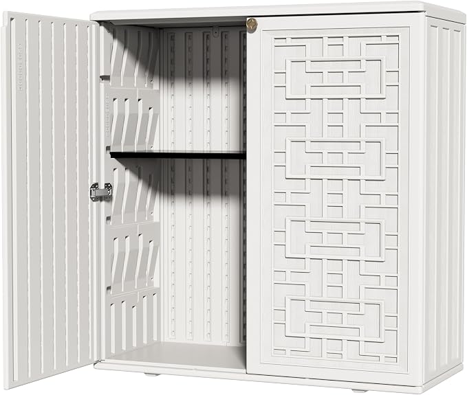 ZZM HDPE Outdoor Storage Shed, Outdoor Plastic Storage Cabinet, Horizontal Resin Tool Shed for Garden, All Weather Outdoor Storage Clearance, DIY Usage, with one Shelf (White)