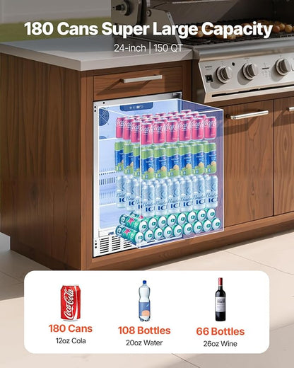 VEVOR 24-Inch Indoor/Outdoor Beverage Refrigerator, 150 QT Freestanding or Undercounter Beverage Fridge, 180 Cans Built-in Beer Fridge with Stainless Steel Body for Residential Home Bar Commercial Use