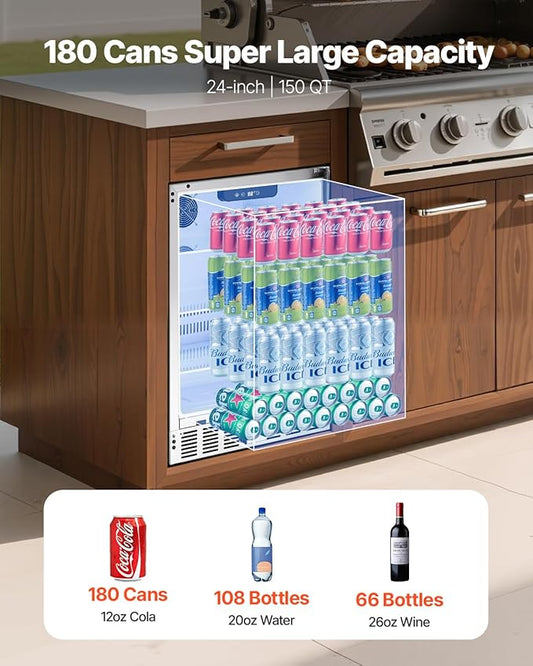 VEVOR 24-Inch Indoor/Outdoor Beverage Refrigerator, 150 QT Freestanding or Undercounter Beverage Fridge, 180 Cans Built-in Beer Fridge with Stainless Steel Body for Residential Home Bar Commercial Use