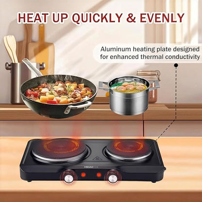 1800W Electric Hot Plate for Cooking, Double Burner with 7.2"&6.1" Cast Iron Heating Plate, Portable Cooking Stove, Adjustable Temperature Controls, Easy to Clean, Compatible for All Cookwares